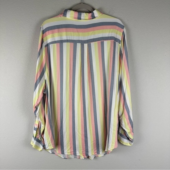 Torrid Yellow Pink Gray Striped Lizzie Button Up Long Sleeve Top Size 4X - Picture 3 of 7